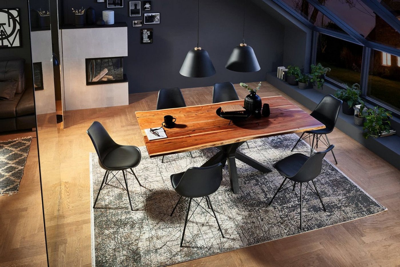 SAM® Essgruppe, massives Akazienholz mit Baumkante, Spidergestell Metall & 6 Stühlen von SAM®