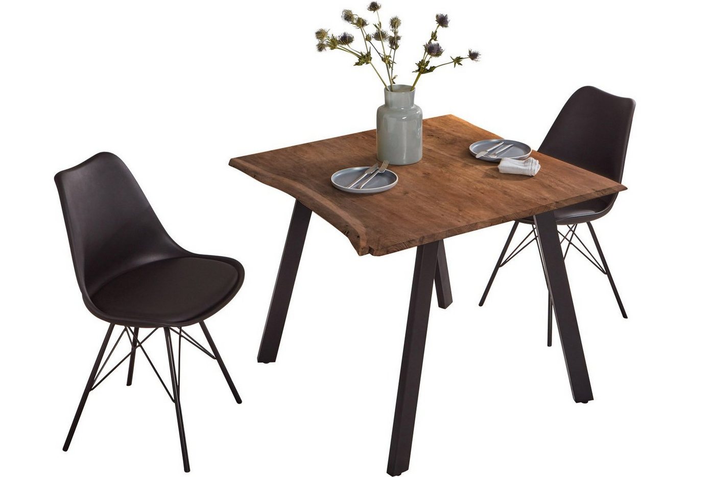 SAM® Essgruppe Gadwal, Tisch Baumkante 80 x 80 cm nussbaumfarben schwarz & 2 Stühle Luis von SAM®