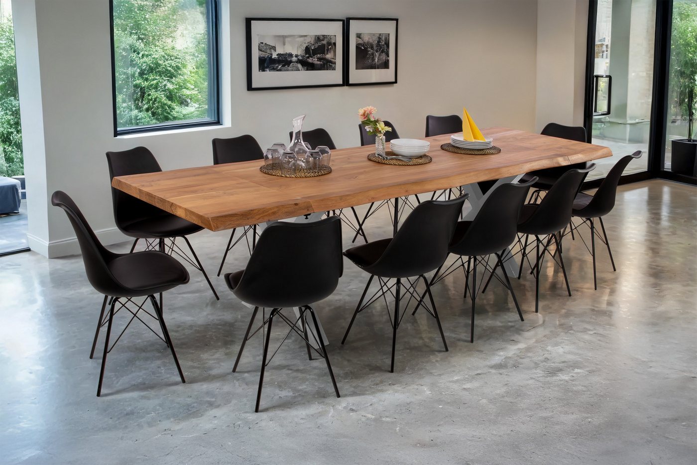 SAM® Essgruppe HenrikX, Baumkante, massives Akazienholz, mit 2 Ansteckplatten und Stühlen von SAM®