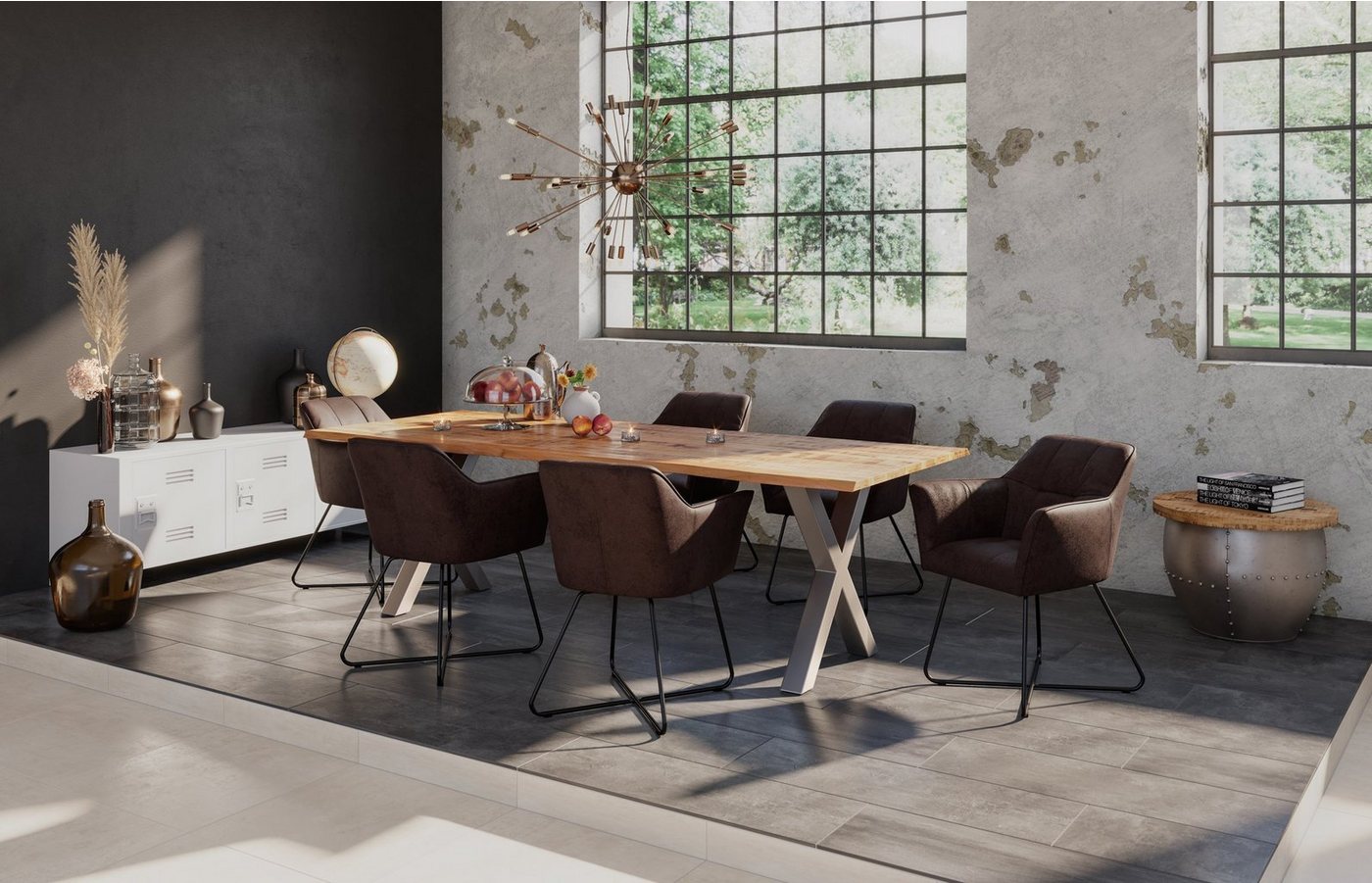 SAM® Essgruppe Sophie, Baumkante, Mangoholz, X-Gestell aus Metall und 6 Stühlen von SAM®