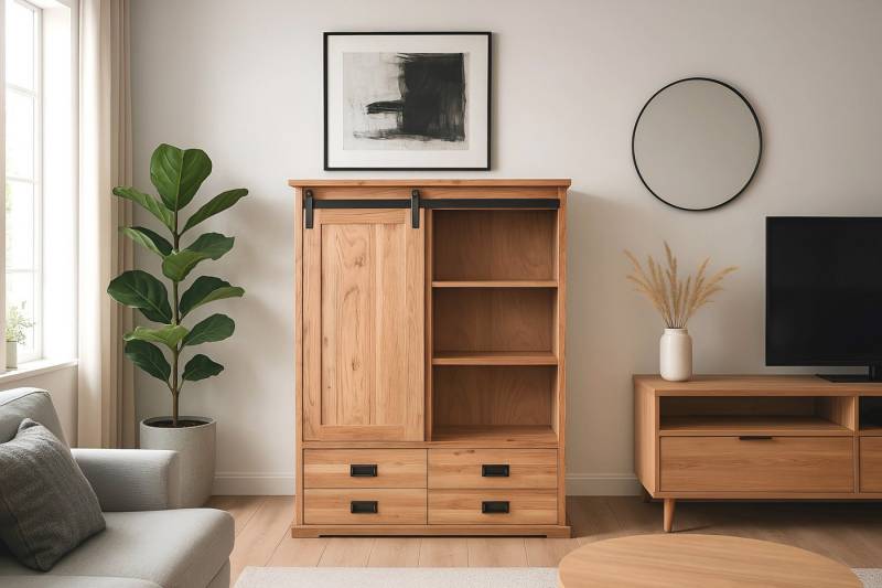 SAM® Highboard Fritz, Akazienholz, mit Baumkante oder gerader Kante, Industrial-Design von SAM®