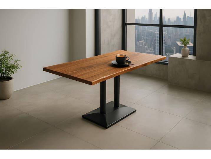 Bistrotisch Baumkante massiv 100 x 60 cm Akazie nussbaumfarben Doppelsäulengestell schwarz ISLA von SAM-Stil-Art-Möbel