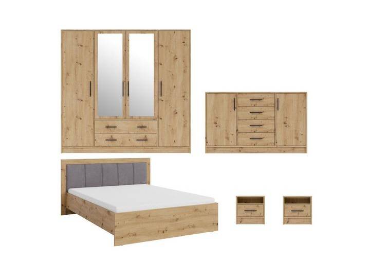 Deine Möbel 24 Schlafzimmer-Set SAM A Schlafzimmer, (Schrank SRL1 Kommode SRK1 Bett SR6 Nachttisch SR7, 5-tlg., Eiche Artisan Weiß Matt Sonoma Anthrazit Cashmere), inkl. Kleiderschrank 4-türig Kommode 2x Nachttisch Doppelbett 160x200, beige von SAM-Stil-Art-Möbel