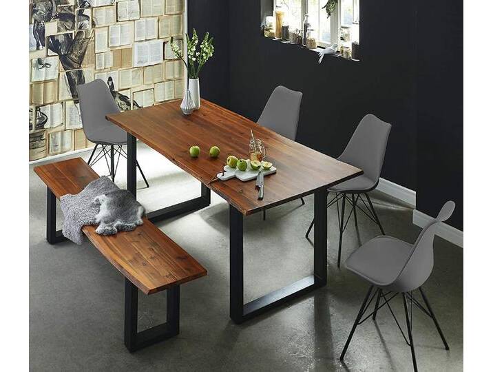 Essgruppe 140 cm Akazie cognacfarben U-Gestell schwarz mit 4 Stühlen und 1 Sitzbank Esra von Möbelliebling
