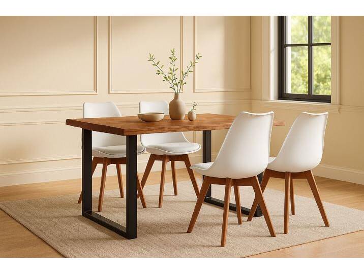 Essgruppe Baumkante massiv 120 x 80 Holz-Optik Nussbaum U-Gestell schwarz & 4 Stühle weiß JOSY von SAM-Stil-Art-Möbel