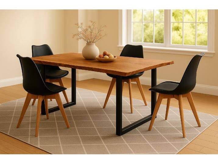 Essgruppe Baumkante massiv 120 x 80 cm Akazie naturfarben U-Gestell schwarz & 4 Stühle schwarz QUINN Essgruppe Baumkante massiv 120 x 80 cm Akazie naturfarben U-Gestell schwarz & 4 Stühle schwarz QUINN von Möbelliebling