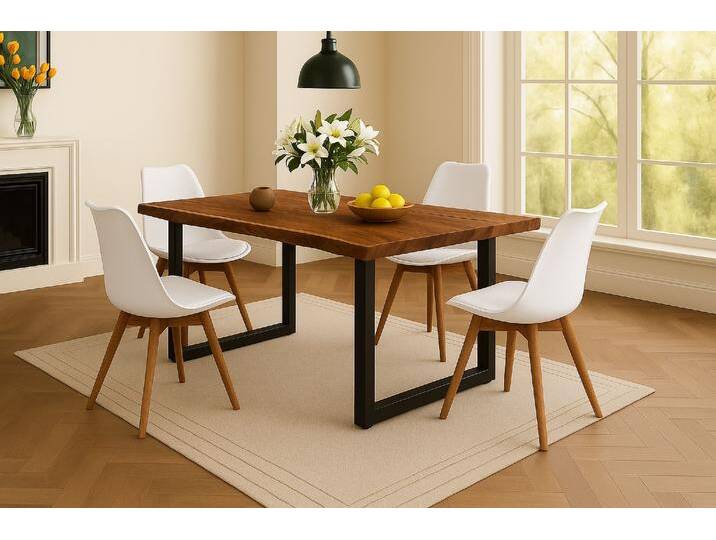 Essgruppe Baumkante massiv 120 x 80 cm Akazie nussbaumfarben U-Gestell schwarz & 4 Stühle weiß QUINN Essgruppe Baumkante massiv 120 x 80 cm Akazie nussbaumfarben U-Gestell schwarz & 4 Stühle weiß QUINN von Möbelliebling