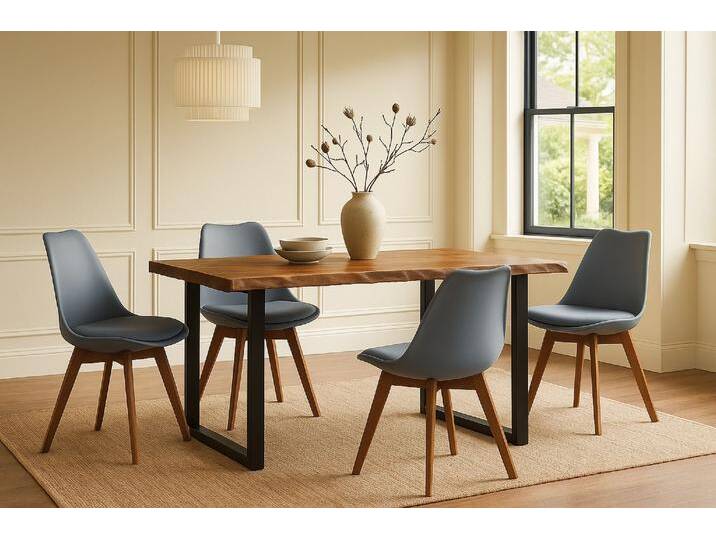 Essgruppe Baumkante massiv 120 x 80 cm Holz-Optik Nussbaum U-Gestell schwarz & 4 Stühle grau JOSY von SAM-Stil-Art-Möbel