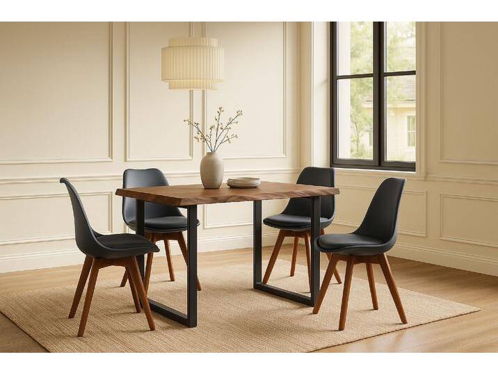 Essgruppe Baumkante massiv 120 x 80 cm Holz-Optik Nussbaum U-Gestell schwarz & 4 Stühle schwarz JOSY von SAM-Stil-Art-Möbel