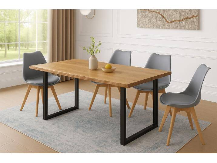 Essgruppe Baumkante massiv 120 x 80 cm Holz Wildeiche-Optik U-Gestell schwarz & 4 Stühle grau JOSY von SAM-Stil-Art-Möbel