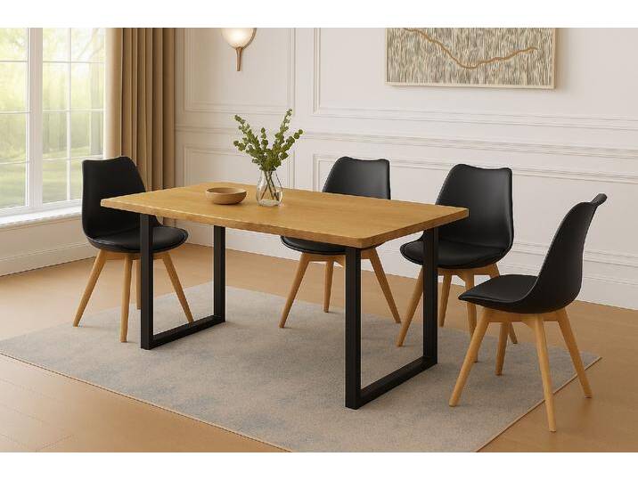 Essgruppe Baumkante massiv 120 x 80 cm Holz Wildeiche-Optik U-Gestell schwarz & 4 Stühle schwarz JOSY von SAM-Stil-Art-Möbel
