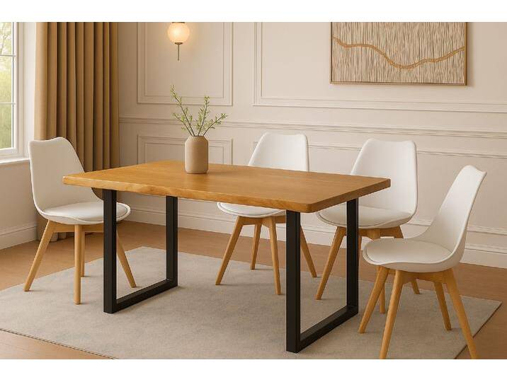 Essgruppe Baumkante massiv 120 x 80 cm Holz Wildeiche-Optik U-Gestell schwarz & 4 Stühle weiß JOSY von SAM-Stil-Art-Möbel