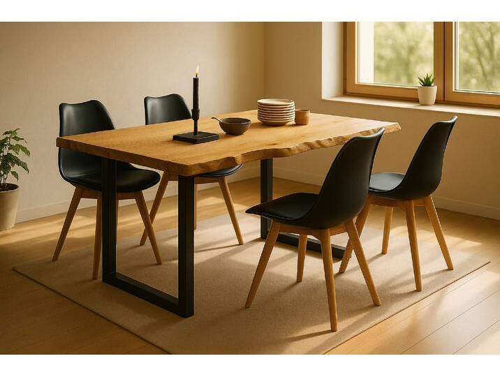 Essgruppe Baumkante massiv 120 x 80 cm Wildeiche U-Gestell schwarz & 4 Stühle schwarz SEATTLE Essgruppe Baumkante massiv 120 x 80 cm Wildeiche U-Gestell schwarz & 4 Stühle schwarz SEATTLE von Möbelliebling
