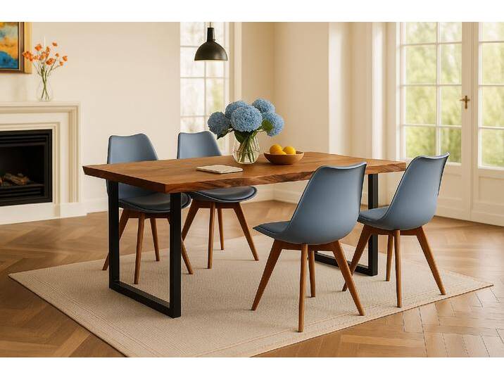 Essgruppe Baumkante massiv 140 x 80 cm Akazie nussbaumfarben U-Gestell schwarz & 4 Stühle grau QUINN Essgruppe Baumkante massiv 140 x 80 cm Akazie nussbaumfarben U-Gestell schwarz & 4 Stühle grau QUINN von Möbelliebling