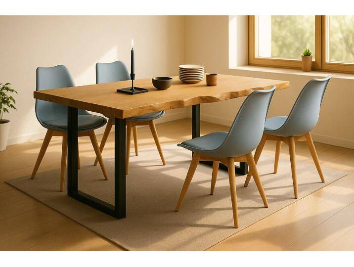Essgruppe Baumkante massiv 140 x 80 cm Wildeiche U-Gestell schwarz 4 Stühle grau SEATTLE Essgruppe Baumkante massiv 140 x 80 cm Wildeiche U-Gestell schwarz 4 Stühle grau SEATTLE von Möbelliebling
