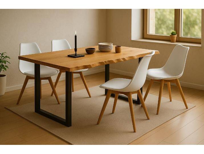 Essgruppe Baumkante massiv 140 x 80 cm Wildeiche U-Gestell schwarz & 4 Stühle weiß SEATTLE Essgruppe Baumkante massiv 140 x 80 cm Wildeiche U-Gestell schwarz & 4 Stühle weiß SEATTLE von Möbelliebling