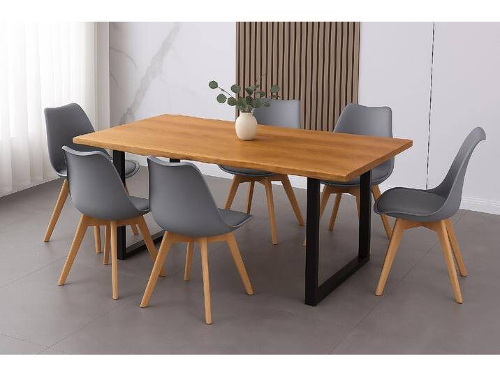 Essgruppe Baumkante massiv 160 x 85 cm Holz Wildeiche-Optik U-Gestell schwarz & 6 Stühle grau JOSY von SAM-Stil-Art-Möbel