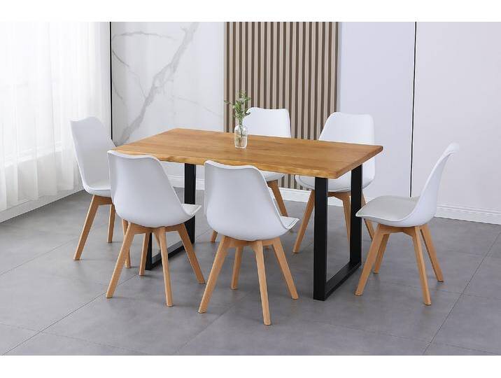 Essgruppe Baumkante massiv 160 x 85 cm Holz Wildeiche-Optik U-Gestell schwarz & 6 Stühle weiß JOSY von SAM-Stil-Art-Möbel