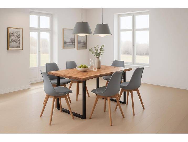 Essgruppe Baumkante massiv 200 x 100 cm Akazie naturfarben U-Gestell schwarz & 6 Stühle grau QUINN von Möbelliebling
