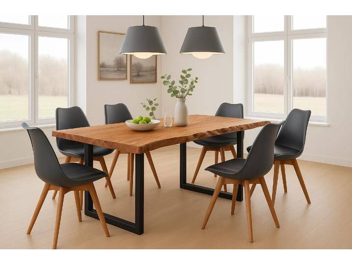 Essgruppe Baumkante massiv 200 x 100 cm Akazie naturfarben U-Gestell schwarz & 6 Stühle schwarz QUINN Essgruppe Baumkante massiv 200 x 100 cm Akazie naturfarben U-Gestell schwarz & 6 Stühle schwarz QUINN von Möbelliebling