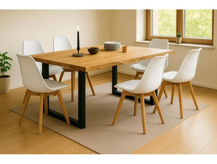 Essgruppe Baumkante massiv 200 x 100 cm Wildeiche U-Gestell schwarz & 6 Stühle weiß SEATTLE Essgruppe Baumkante massiv 200 x 100 cm Wildeiche U-Gestell schwarz & 6 Stühle weiß SEATTLE von Möbelliebling