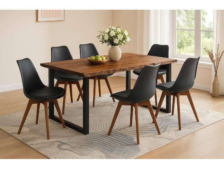 Essgruppe Baumkante massiv 220 x 100 cm Akazie nussbaumfarben U-Gestell schwarz & 6 Stühle schwarz QUINN Essgruppe Baumkante massiv 220 x 100 cm Akazie nussbaumfarben U-Gestell schwarz & 6 Stühle schwarz QUINN von Möbelliebling