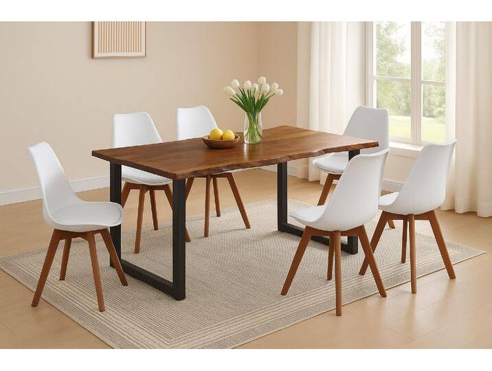 Essgruppe Baumkante massiv 220 x 100 cm Akazie nussbaumfarben U-Gestell schwarz & 6 Stühle weiß QUINN Essgruppe Baumkante massiv 220 x 100 cm Akazie nussbaumfarben U-Gestell schwarz & 6 Stühle weiß QUINN von Möbelliebling