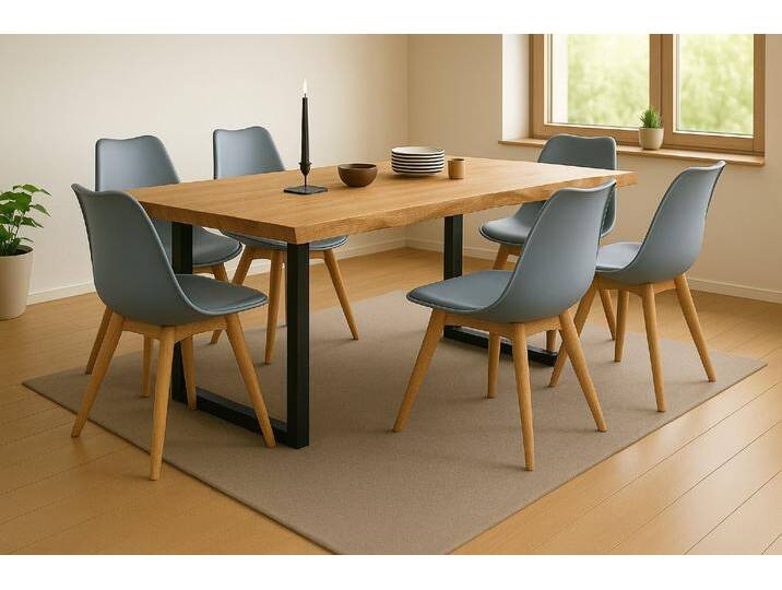 Essgruppe Baumkante massiv 220 x 100 cm Wildeiche U-Gestell schwarz & 6 Stühle grau SEATTLE Essgruppe Baumkante massiv 220 x 100 cm Wildeiche U-Gestell schwarz & 6 Stühle grau SEATTLE von Möbelliebling