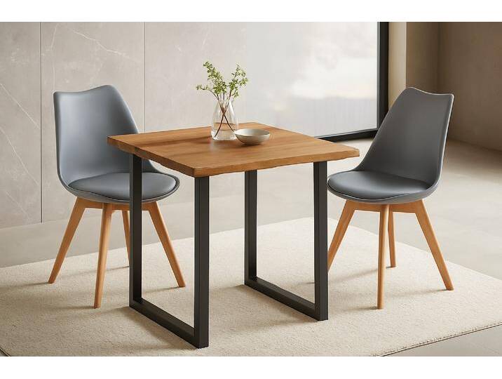 Essgruppe Baumkante massiv 80 x 80 cm Holz Wildeiche-Optik U-Gestell schwarz & 2 Stühle grau JOSY von SAM-Stil-Art-Möbel