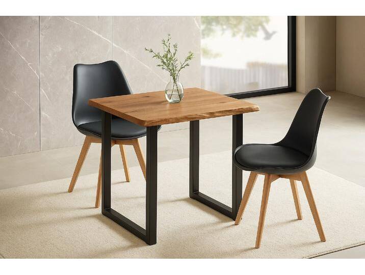 Essgruppe Baumkante massiv 80 x 80 cm Holz Wildeiche-Optik U-Gestell schwarz & 2 Stühle schwarz JOSY von SAM-Stil-Art-Möbel