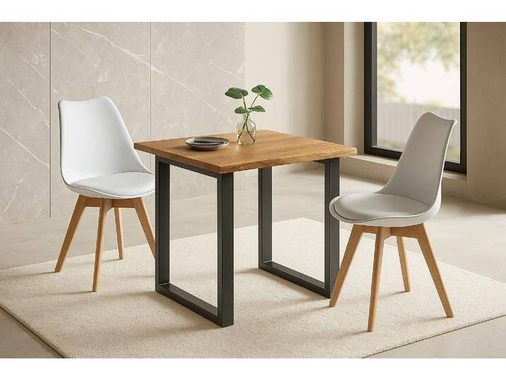 Essgruppe Baumkante massiv 80 x 80 cm Holz Wildeiche-Optik U-Gestell schwarz & 2 Stühle weiß JOSY von SAM-Stil-Art-Möbel