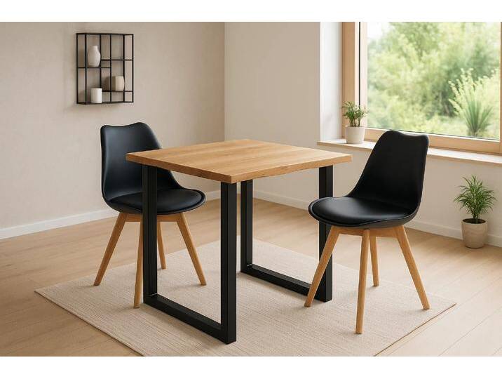 Essgruppe Baumkante massiv 80 x 80 cm Wildeiche U-Gestell schwarz & 2 Stühle schwarz SEATTLE Essgruppe Baumkante massiv 80 x 80 cm Wildeiche U-Gestell schwarz & 2 Stühle schwarz SEATTLE von Möbelliebling