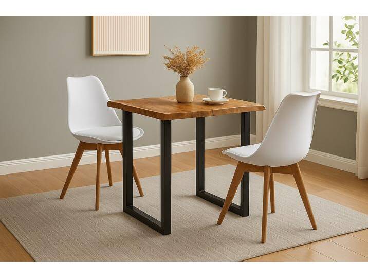 Essgruppe Baumkante massiv 90 x 90 cm Akazie naturfarben U-Gestell schwarz & 2 Stühle weiß QUINN Essgruppe Baumkante massiv 90 x 90 cm Akazie naturfarben U-Gestell schwarz & 2 Stühle weiß QUINN von Möbelliebling
