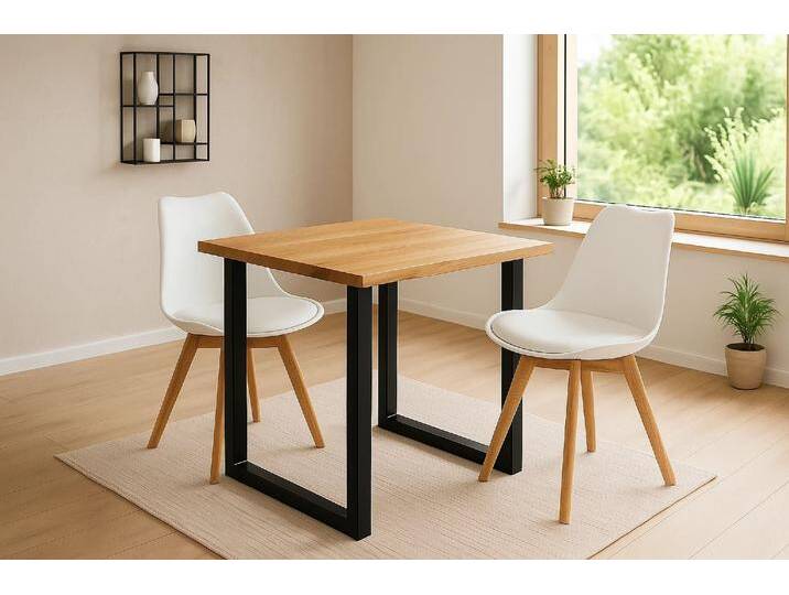 Essgruppe Baumkante massiv 90 x 90 cm Wildeiche U-Gestell schwarz & 2 Stühle weiß SEATTLE Essgruppe Baumkante massiv 90 x 90 cm Wildeiche U-Gestell schwarz & 2 Stühle weiß SEATTLE von Möbelliebling