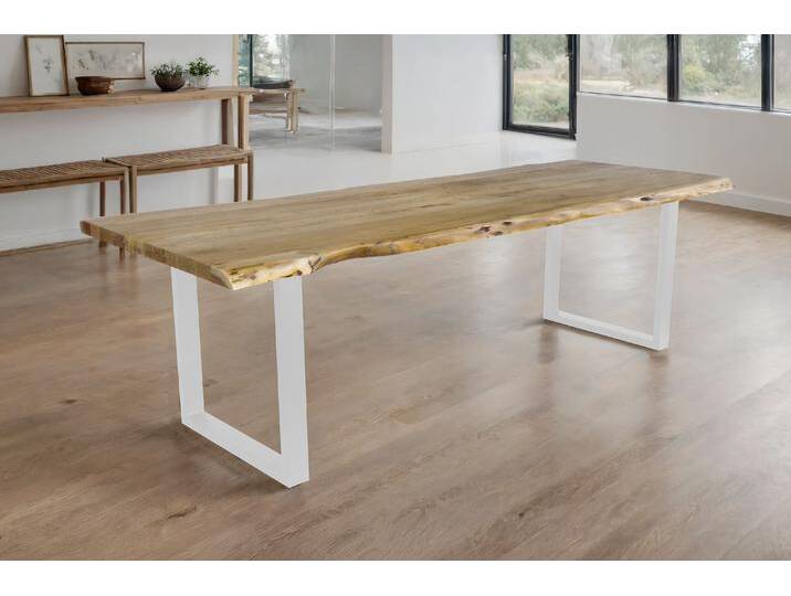 Esstisch Baumkante Akazie massiv eichenfarben 260 x 100 U-Gestell weiß CALI von Möbelliebling