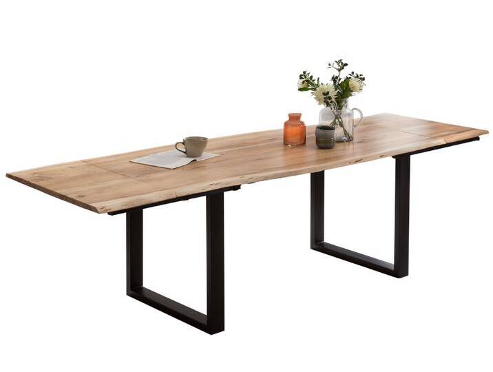 Esstisch Baumkante Akazie natur 180(280)x90 Ansteckplatten schwarz PAULO von Möbelliebling