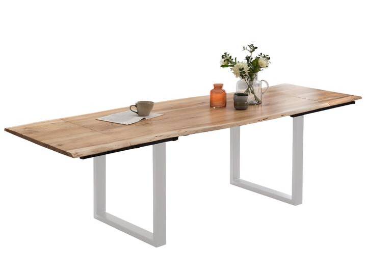 Esstisch Baumkante Akazie natur 220(320)x100 Ansteckplatten silber PAULO von Möbelliebling