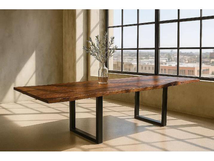 Esstisch Baumkante Akazie nougat 200 (300) x 100 mit Ansteckplatten BARCELONA von Möbelliebling