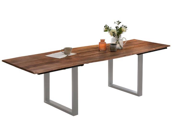 Esstisch Baumkante Akazie nuss 200(300)x100 Ansteckplatten silber PAULO von Möbelliebling