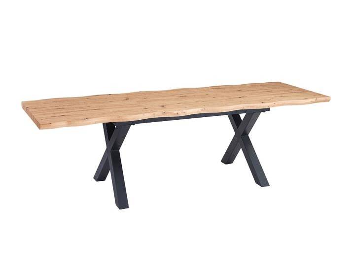 Esstisch Baumkante Holz Wildeiche-Optik 180(260) x 90 X-Gestell schwarz SWAN von Möbelliebling