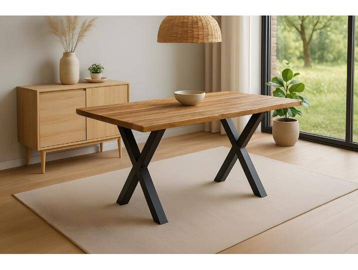 Esstisch Baumkante Massiv Mango rough 200 x 100 schwarz X-Gestell MIRABELLE von SAM-Stil-Art-Möbel