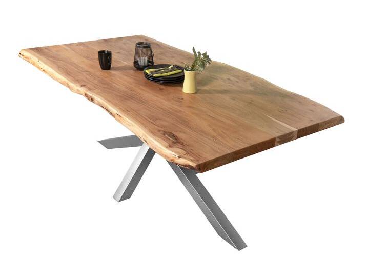 Esstisch Baumkante massiv Akazie Natur 240 x 100 Spider-Gestell silber CALI von Möbelliebling