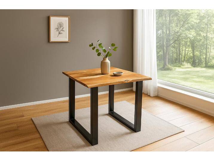 Esstisch Baumkante massiv Akazie naturfarben 90 x 90 schwarz QUINN von Möbelliebling