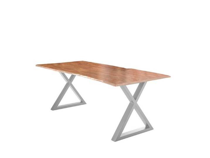 SAM® Baumkantentisch Ando, massives Akazienholz, natürliche Baumkante, Metallgestell X-Form, beige, silber, 220x100, silber von SAM-Stil-Art-Möbel