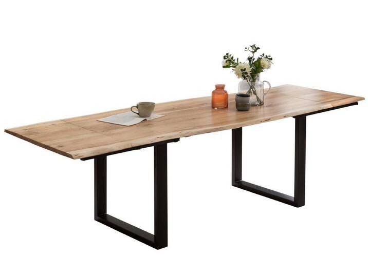 SAM® Baumkantentisch Dian, Baumkante, massives Akazienholz, 2 Ansteckplatten und Metallgestell, beige, U-Gestell schwarz, 140(220)x90, naturfarben von SAM-Stil-Art-Möbel
