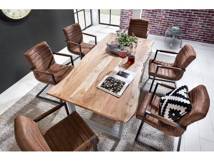 SAM® Baumkantentisch Esstisch_Hope, massives Holz, echte Baumkante, Metallgestell U-Form, bis 3m, beige, U-Gestell schwarz von SAM-Stil-Art-Möbel