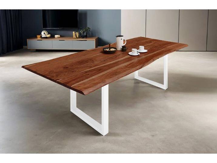 SAM® Baumkantentisch Lucy, Akazienholz, echte Baumkante, Metallgestell U-Form, bis 3,20 Meter, braun, 300x100, nussbaumfarben von SAM-Stil-Art-Möbel