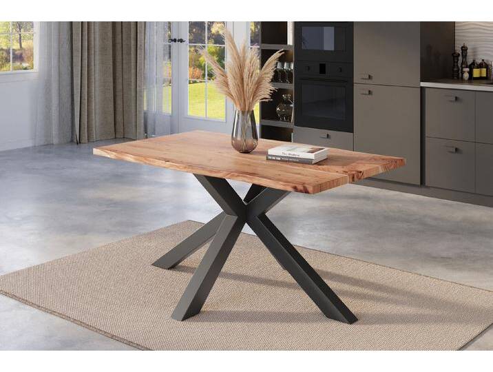 SAM® Baumkantentisch Nicki (1 Tischplatte und 1 Gestell), massives Akazienholz, Baumkante, Metallgestell Spider-Form, bis 3m, beige, Spider-Gestell schwarz von SAM-Stil-Art-Möbel