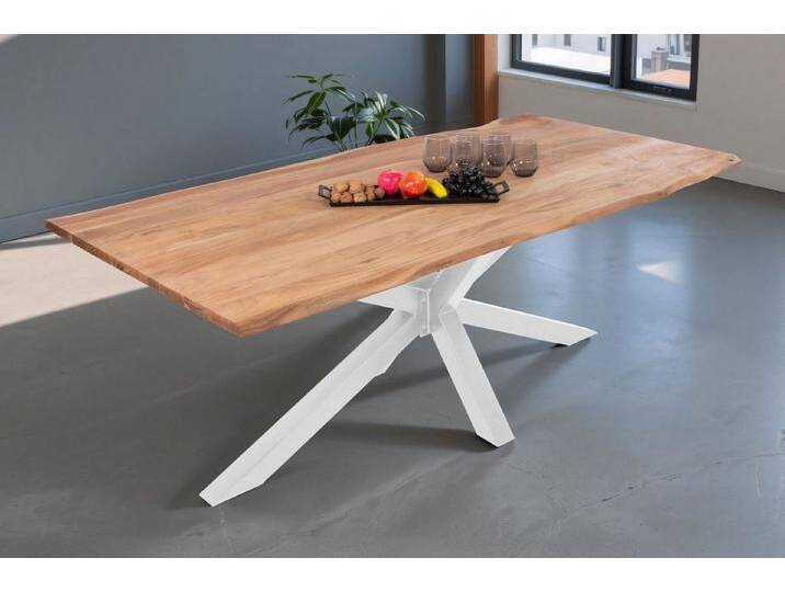 SAM® Baumkantentisch Nimero, Akazienholz, Baumkante, Metallgestell Spider-Form, bis 3 Meter, beige, Spider-Gestell weiß, 240x100, weiß von SAM-Stil-Art-Möbel