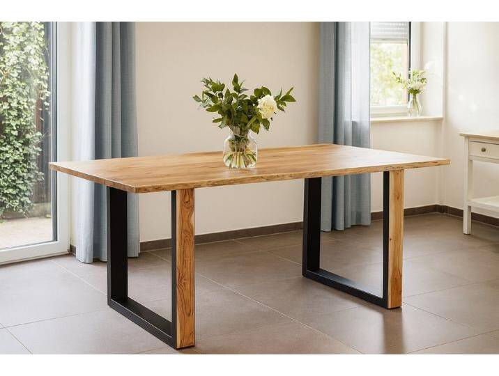 SAM® Baumkantentisch Perth, Akazienholz, Baumkante, Metallgestell mit Holz in U-Form, bis 3 Meter, beige, 160x85 von SAM-Stil-Art-Möbel